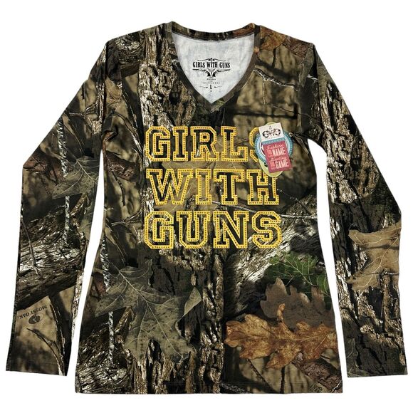 NWT GWG Girls With Guns Mossy Oak Camouflage Rhinestone L/S T-Shirt V-Neck Sz L - Picture 1 of 14